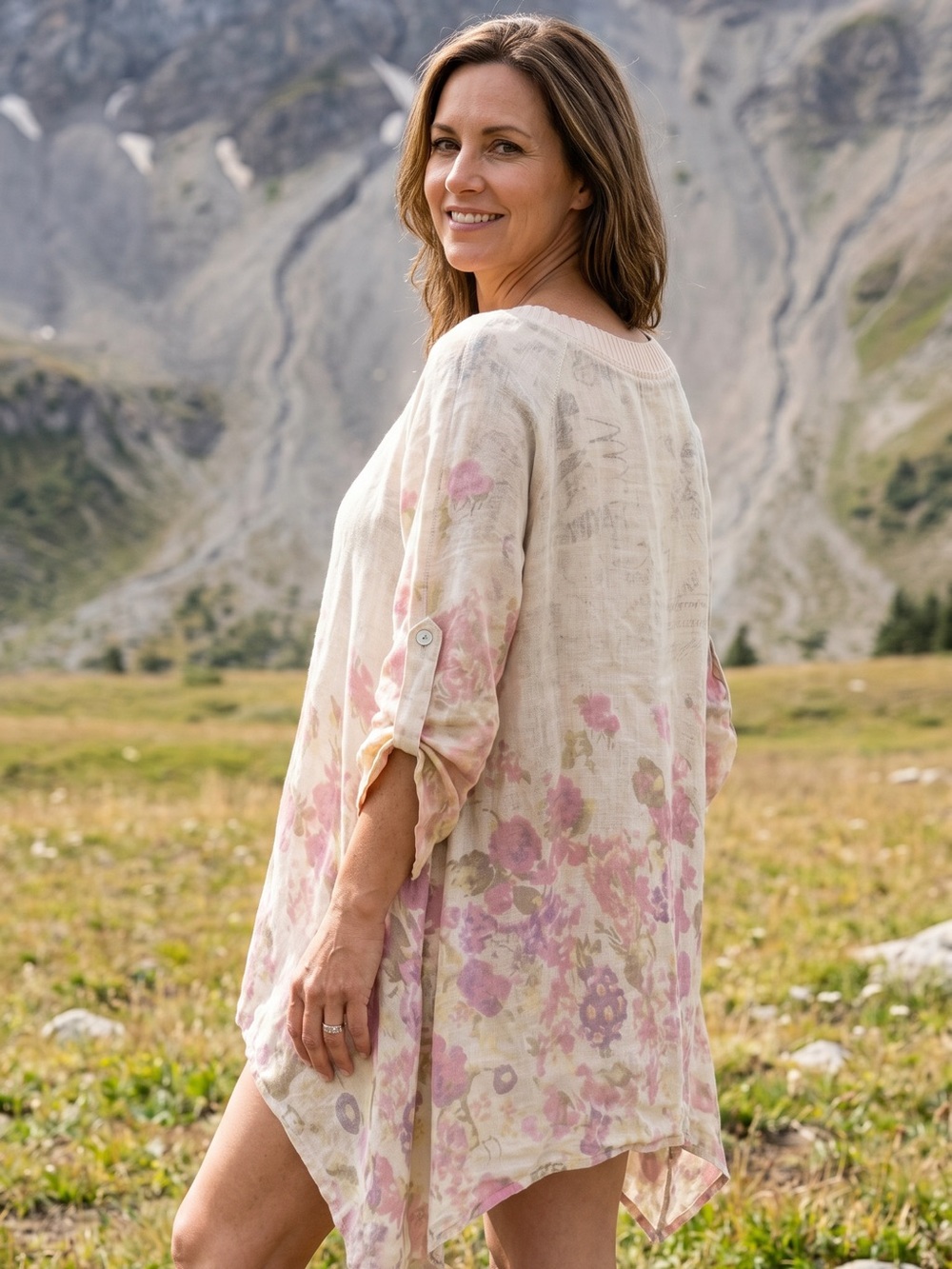 Relaxed Floral Linen-Blend Tunic Top - Pink Floral